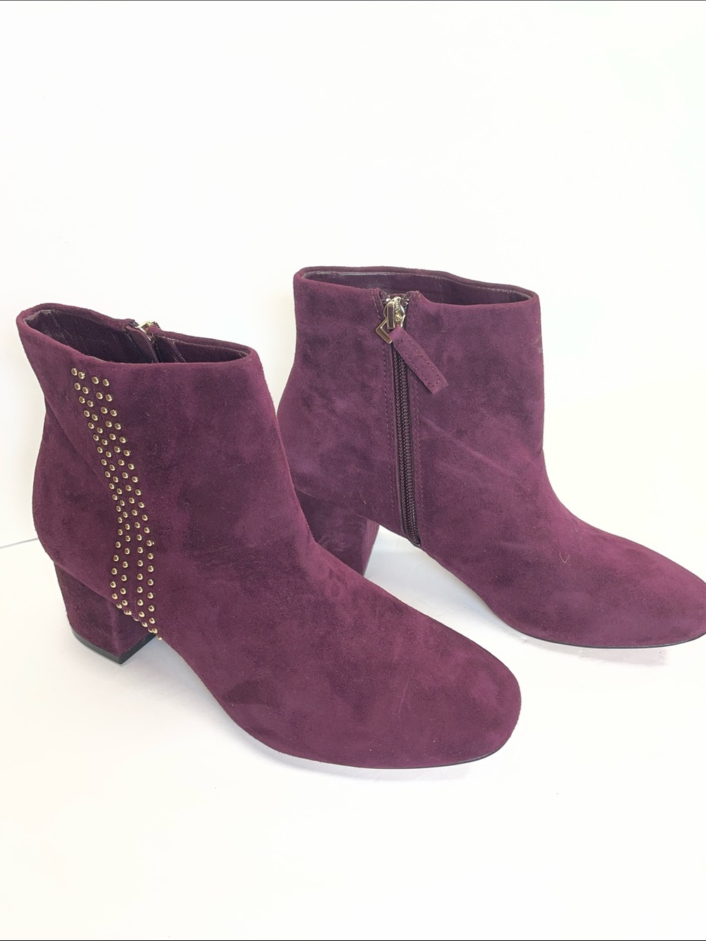 White House Black Market Plum Suede Ankle Booties with Gold Stud Accents